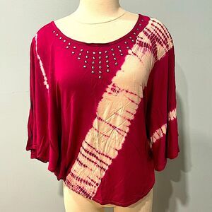 INC International Concepts Pink & White Tie Dye Studded Batwing Poncho Blouse XS